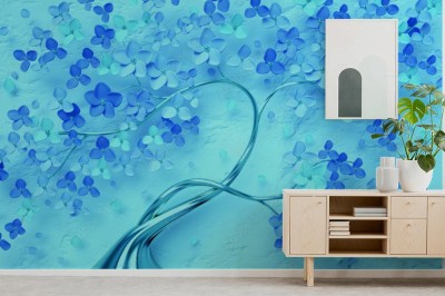 Fototapeta 3d fioletowe kwiaty na niebieskim tle