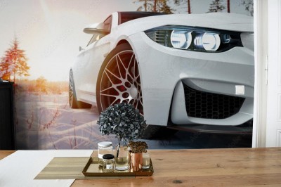 Fototapeta Biały samochód na śniegu