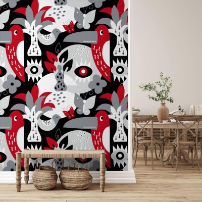 Tapeta Nowoczesny wzór z ptaków i roślin