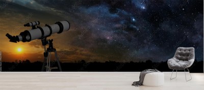 Fototapeta Droga mleczna o zachodzie słońca i teleskop