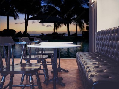 Fototapeta Zachód słońca przy basenie hotelu na Mauritiusie