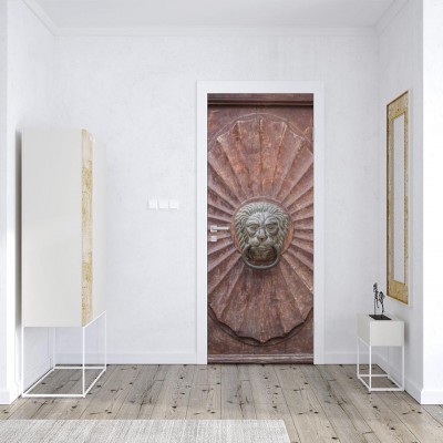 Naklejki na drzwi Kołatka w kształcie lwa na starych drewnianych drzwiach