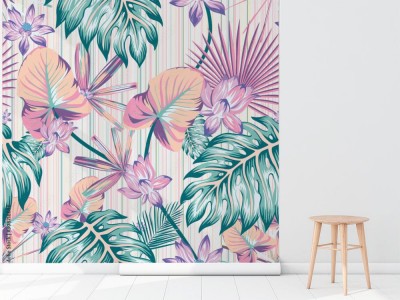 Tapeta modny wzór tropikalnych roślin malowany akwarelą w stylu vintage