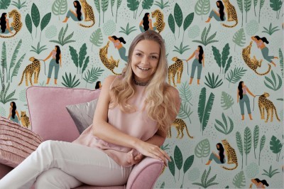 Tapeta Bezszwowy wzór z kobietami, lampartami i tropikalnymi liśćmi