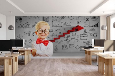 Fototapeta Inteligentny dzieciak przed ścianą z innowacjami