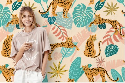 Tapeta Deseń lamparta z tropikalnymi liśćmi 