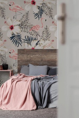 Tapeta Kwiatowy wzór z różowym flamingiem