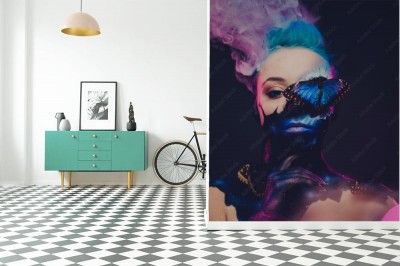 Fototapeta Piękna kobieta z niebieskimi włosami i motylem