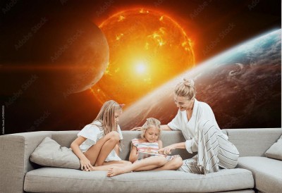 Fototapeta Wybuchające słońce w kosmosie blisko planety