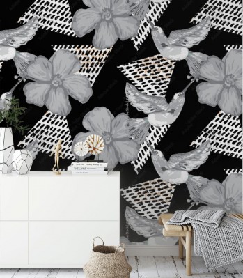 Fototapeta abstrakcyjna w ptaki, kwiaty i trójkąty na czarnym tle