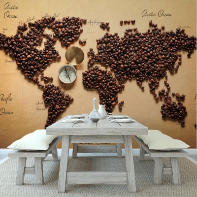 Fototapeta Mapa świata z ziaren kawy palonej z kompasem