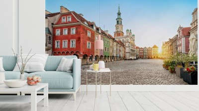 Fototapeta Plac Stary Rynek z małymi kolorowymi domami i starym ratuszem w Poznaniu