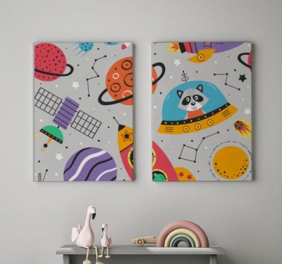 Obrazy do salonu z dziecięcym wzorem w spodki kosmiczne