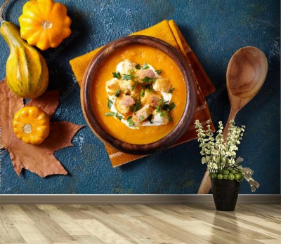 Fototapeta Jesienna zupa dyniowa i marchewkowa ze śmietaną
