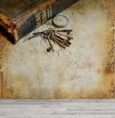 Fototapeta Rocznik biblia z pocketwatch i klucza grunge tłem