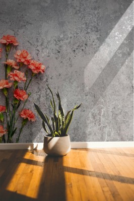 Fototapeta Wabi Sabi z różowymi goździkami i starym betonem