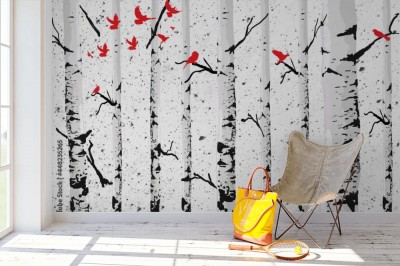 Fototapeta zmywalna "Brzoza z czerwonymi ptakami"