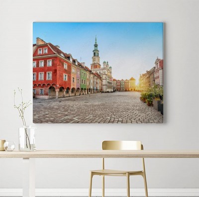 Obraz na płótnie Plac Stary Rynek z małymi kolorowymi domami i starym ratuszem w Poznaniu