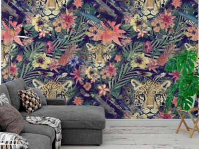 Tapeta Akwarela z głową lamparta i modne motywy roślinne