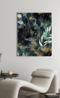 Obraz na płótnie Abstrakcyjny kwiatowy wzór na ziemnym tle ze złotym brokatem