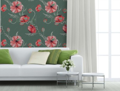 Fototapeta Seamless botanical watercolor pattern with poppies on a white background  Vintage summer print for textile and surface design