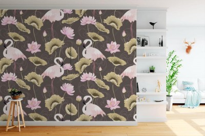 Tapeta Modny wzór tapety w różowe flamingi i lotosy