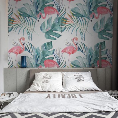 Tapeta Tropikalny wzór z flamingiem i liśćmi