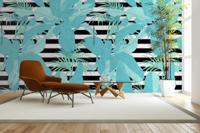 Tapeta z modnym tropikalnym wzorem liści palmowych na czarno-białych paskach