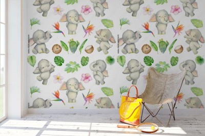 Fototapeta do pokoju dziecięcego w słodkie słonie i liście
