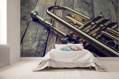 Fototapeta Trąbka na starym drewnianym stole