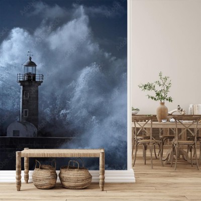 Fototapeta Wielka fala nad starą latarnią morską