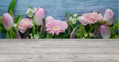 Fototapeta Różowe wiosenne kwiaty na niebiesko