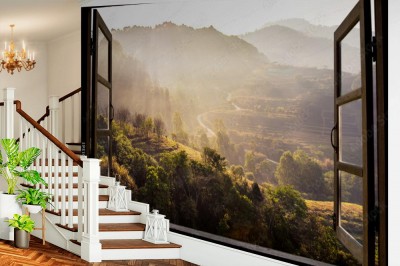 Fototapeta widok przez otwarte okno na piękny krajobraz Tajlandii