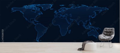 Fototapeta Jasnoniebieska mapa świata na ciemnym niebieskim tle