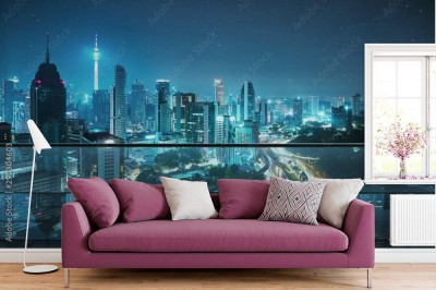 Fototapeta Nocna panorama nowoczesnego miasta widziana z tarasu