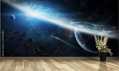 Fototapeta Wschód słońca nad grupą planet w kosmosie