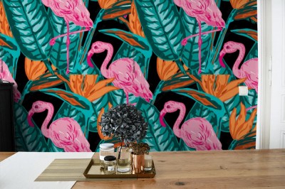 Tapeta Piękny tropikalny wielokolorowy wzór z różowym flamingiem