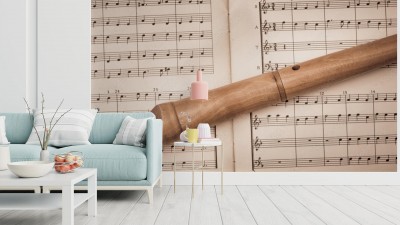 Fototapeta Drewniany flet i notatki nutowe