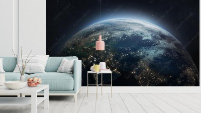 Fototapeta Nocna planeta Ziemia w ciemnej przestrzeni kosmicznej