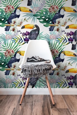 Tapeta Deseń z tukanem i orchideą