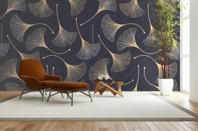 Fototapeta Kwiatowy wzór z liśćmi miłorzębu na ciemno brązowym tle w stylu retro