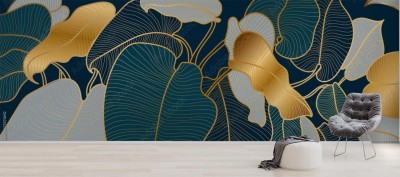 Fototapeta Kwiatowy wzór ze złotą rozszczepioną rośliną Philodendrona z grafiką linii monstera na zielonym szmaragdowym tle