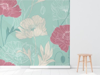 Fototapeta w ręcznie rysowane pastelowe kwiaty maku z liśćmi na zielonym tle
