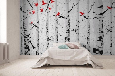 Fototapeta zmywalna "Brzoza z czerwonymi ptakami"