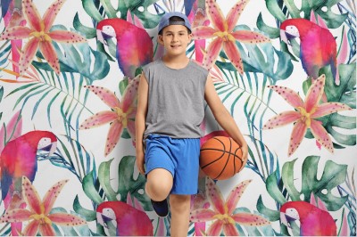 Tapeta Tropikalny wzór z papug, storczyków i liści