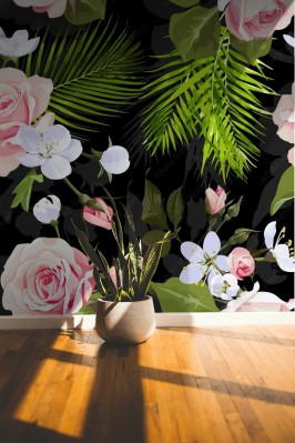 Fototapeta w czarnym kolorze z kwiatami 3D