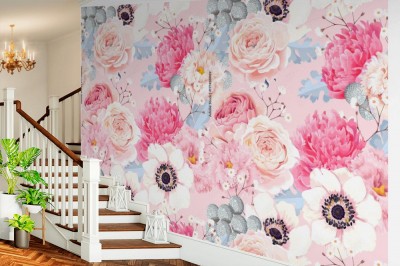 Tapeta z jasnym kwiatowym wzorem z różami