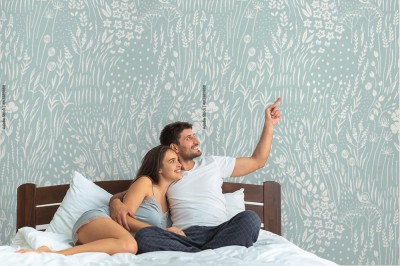 Fototapeta w drobne kontury roślinne na błękitnym tle