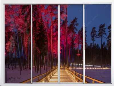 Naklejka na szafę Nocne kolorowe światła i drewniany most w leśnym parku