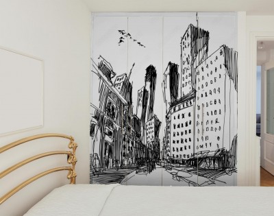 Naklejka na szafę ręcznie rysowane szkic architektoniczny nowoczesnego miasta z wysokimi budynkami i ulicą
